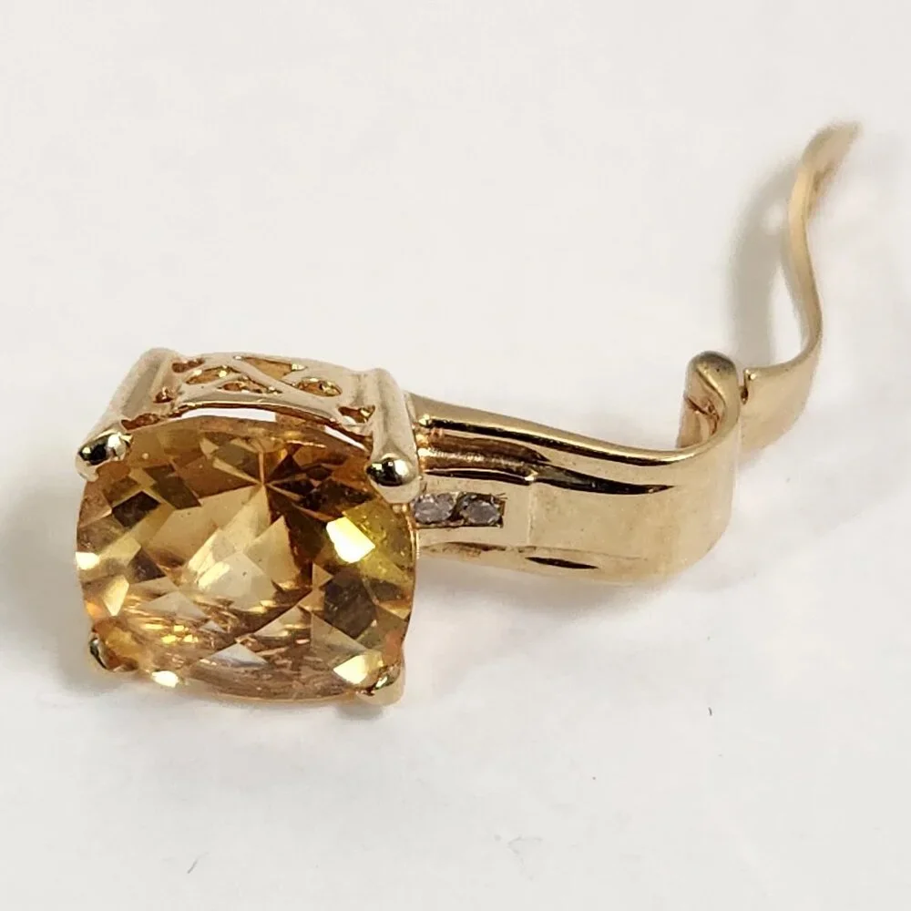VTG Estate Older 14K Solid Gold Citrine & Diamond Open Bail Pendant & Chain - Picture 8 of 13